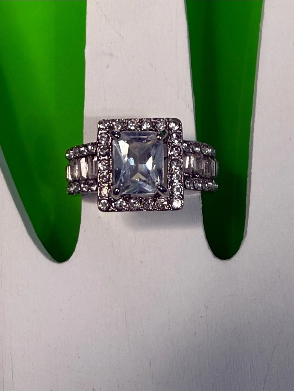 Silver Halo Square-Cut Clear Stone Cocktail Ring Size 7 Silver Plated Fashion